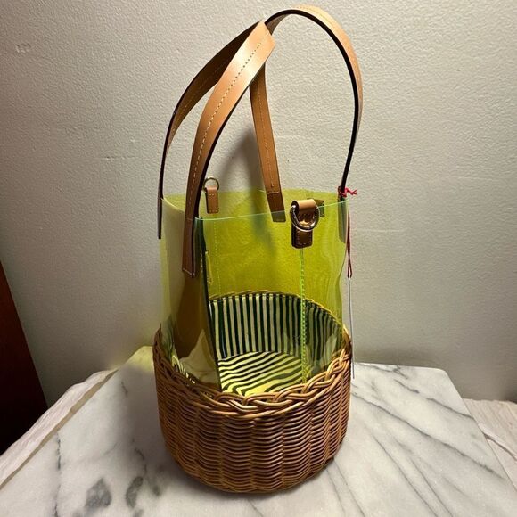 Frances Valentine bucket purse wicker bottom neon green NWT missing strap - Picture 7 of 16